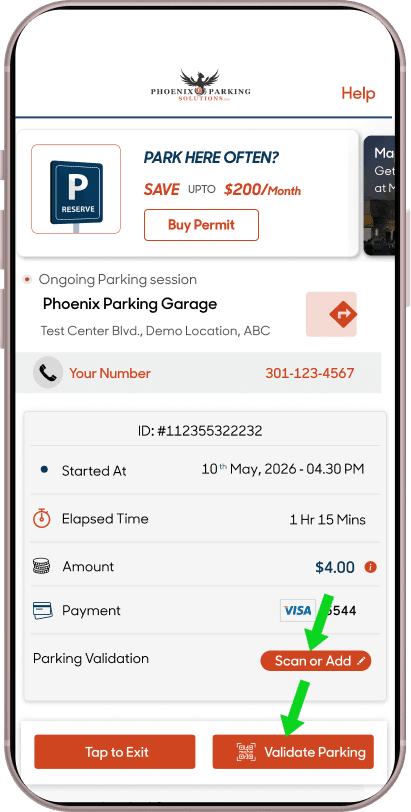 Parking validation screens in the Phoenix Parking app.