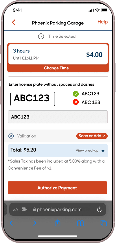 Text-to-Park mobile payment screen.