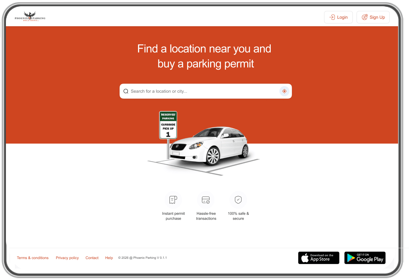 Phoenix Parking permit portal home screen on a tablet.