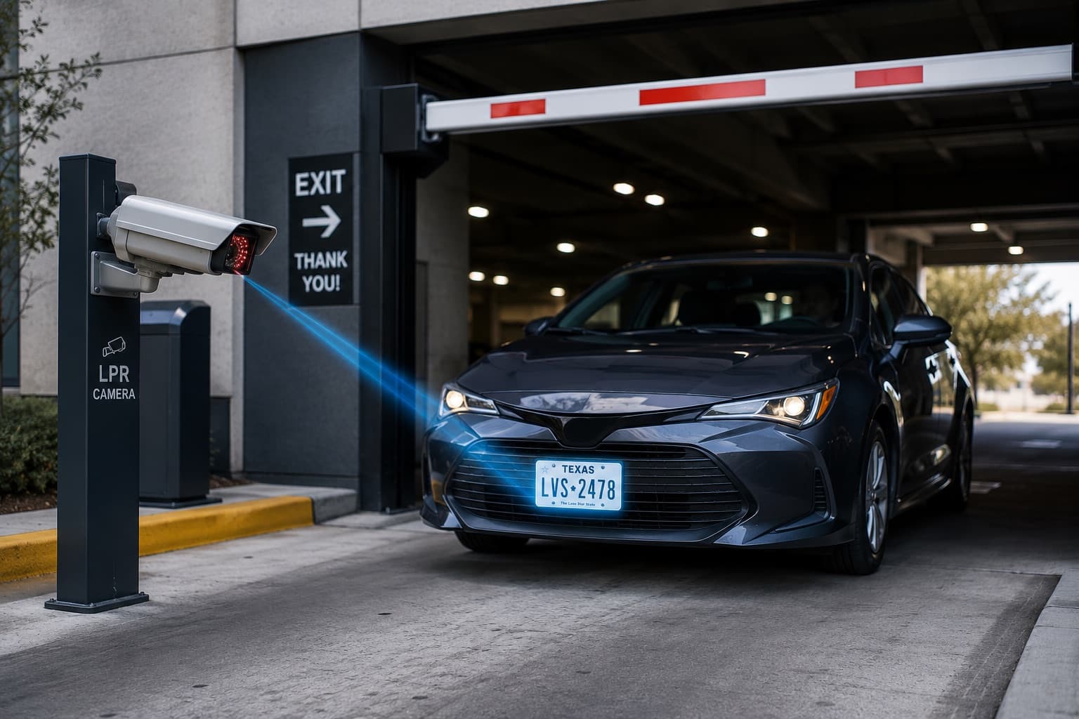 License plate recognition camera scanning a vehicle at exit.