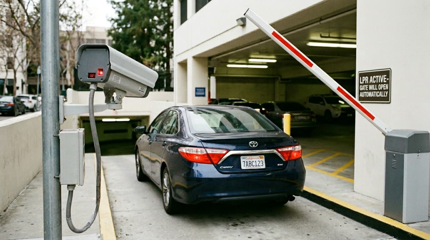 LPR camera scanning a license plate at a gated entrance.