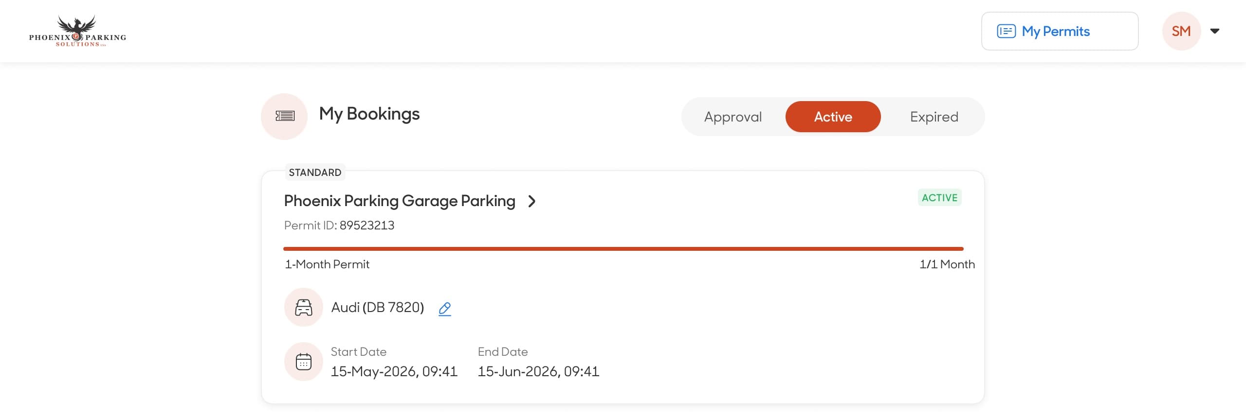 Phoenix Parking digital permit portal showing an active monthly booking.