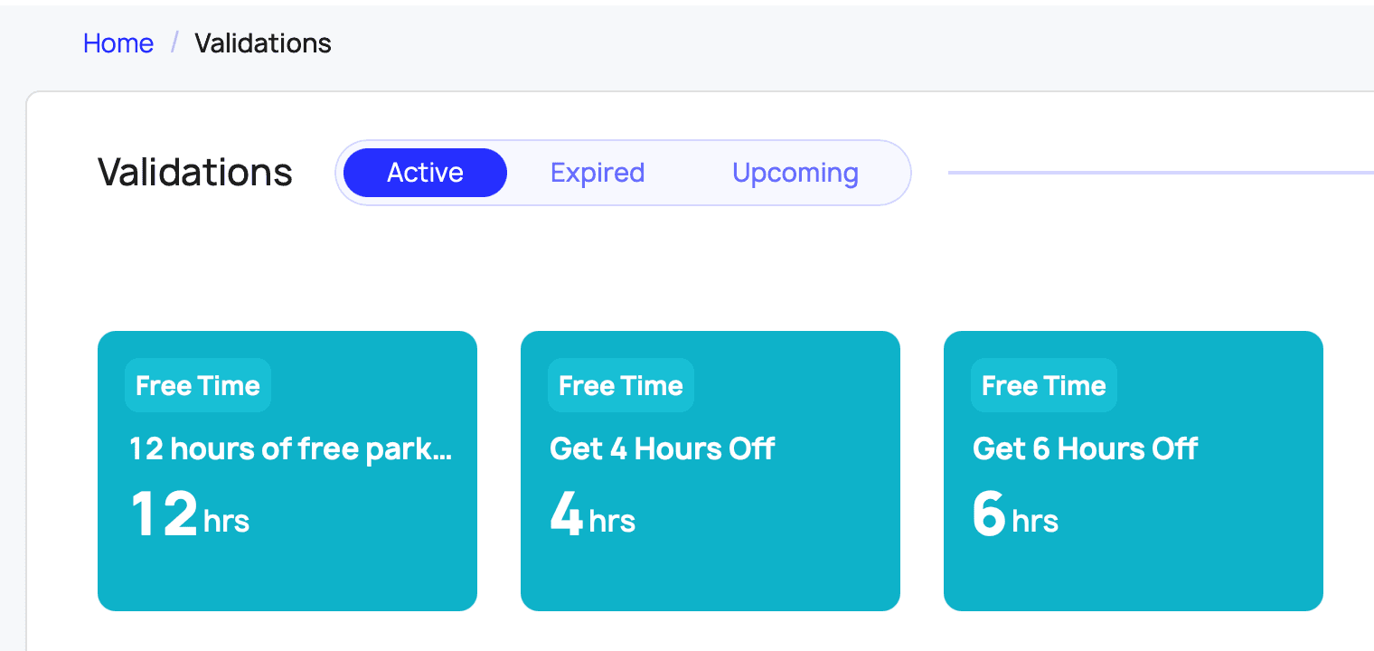 Validations dashboard listing active free-time parking validations.