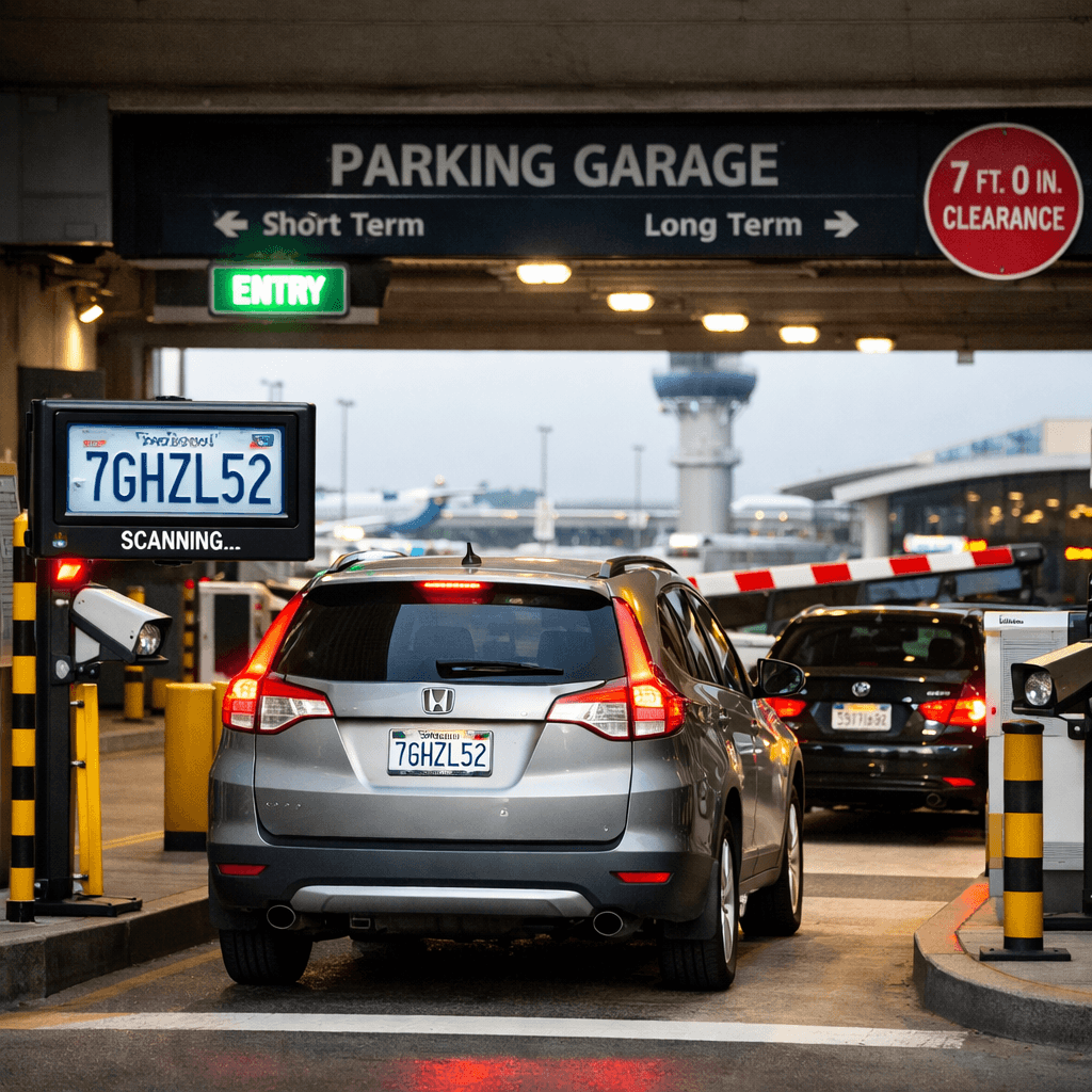 License plate recognition camera scanning a vehicle at an airport parking facility.