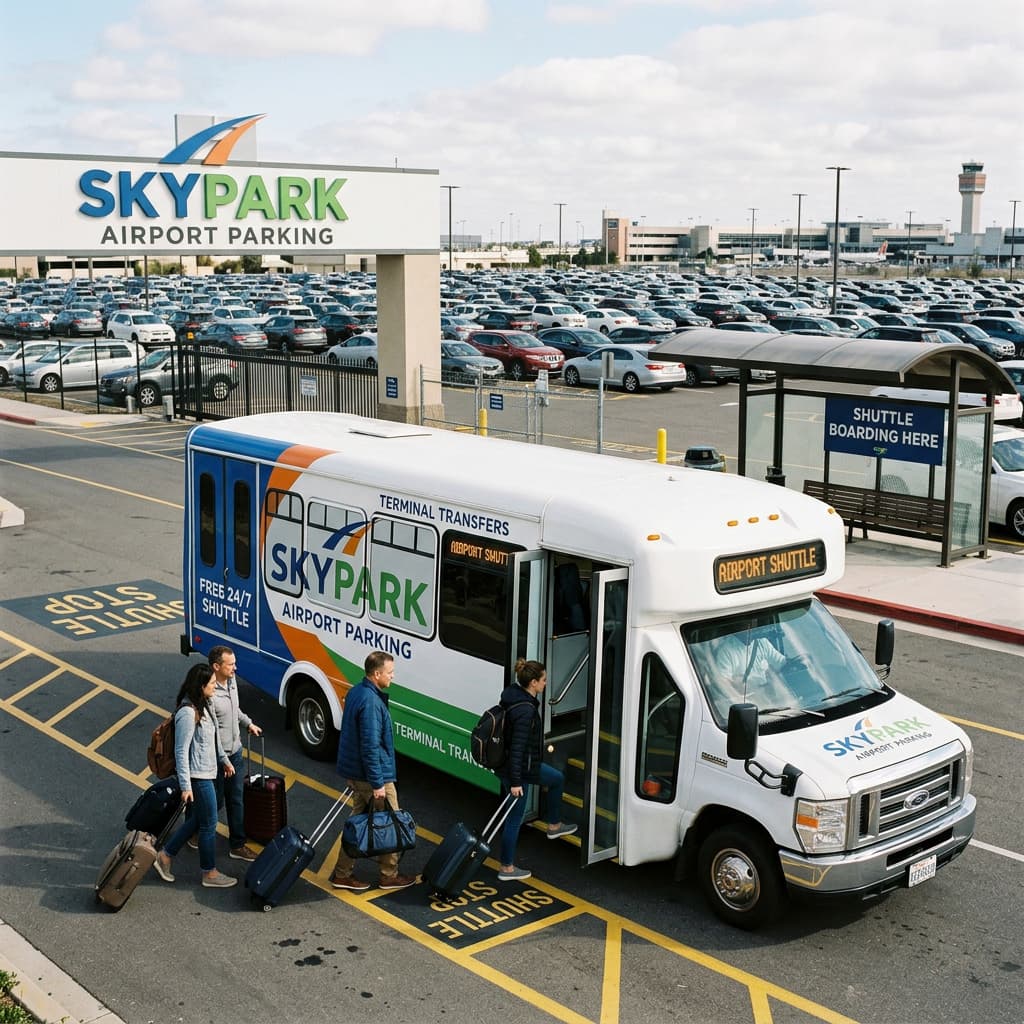 Airport parking shuttle bus transporting travelers.