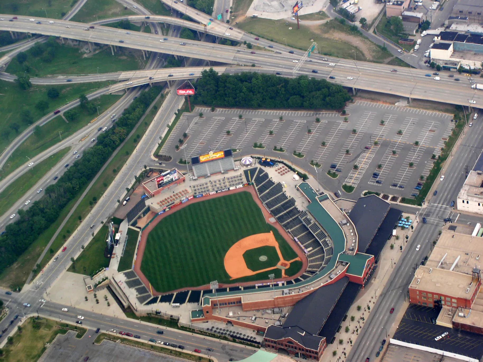 An overhead shot of a baseball field.
