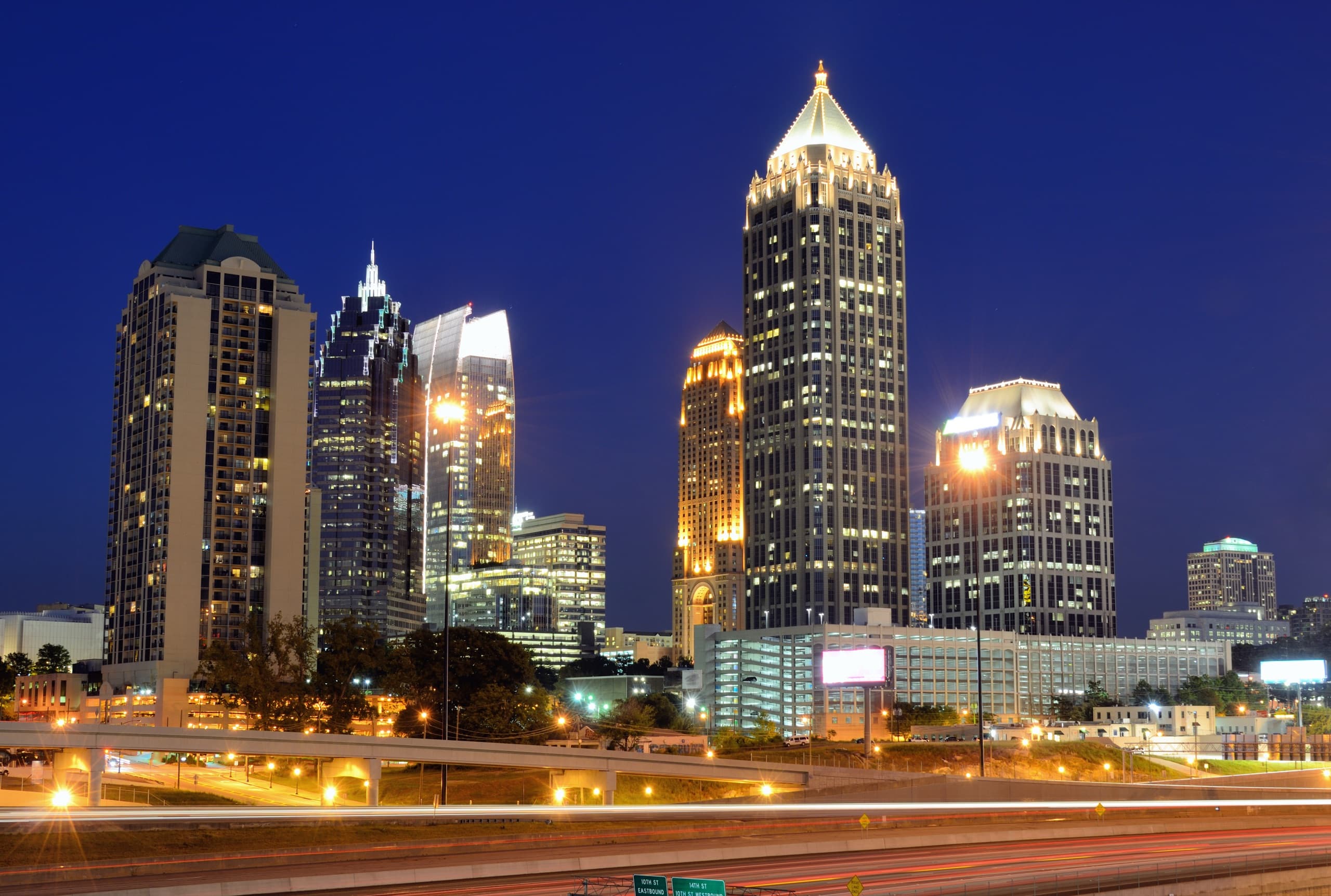 Atlanta city streets and buildings near managed parking facilities.