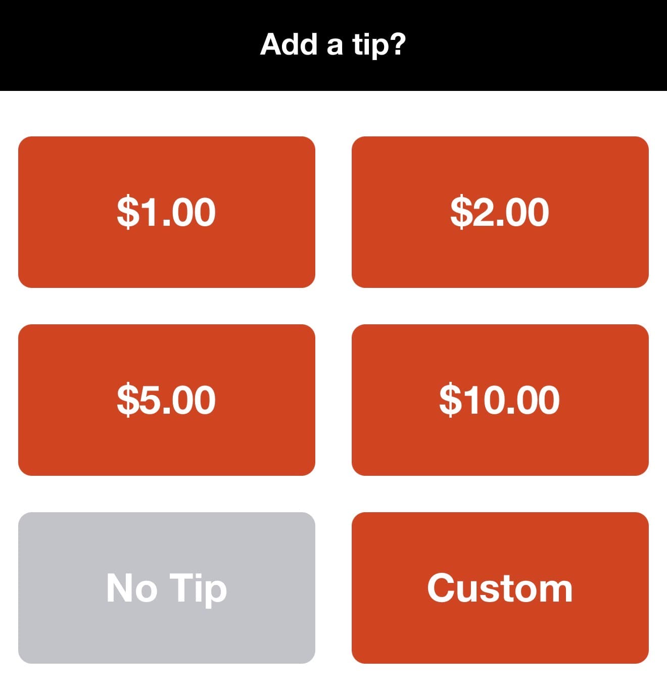 Add-a-tip screen with preset tip amounts.