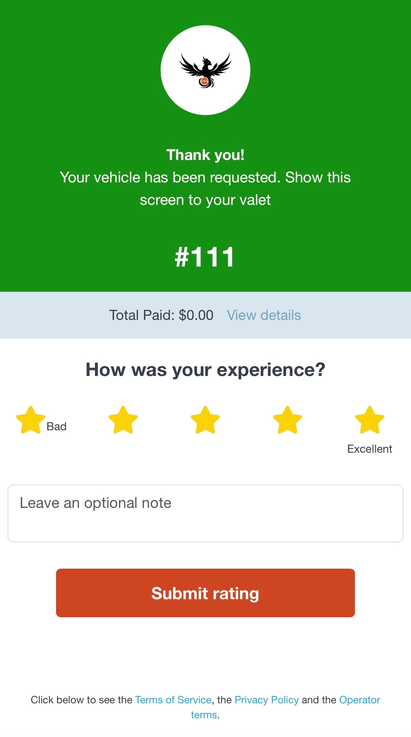 Paying and rating the valet service on a phone.