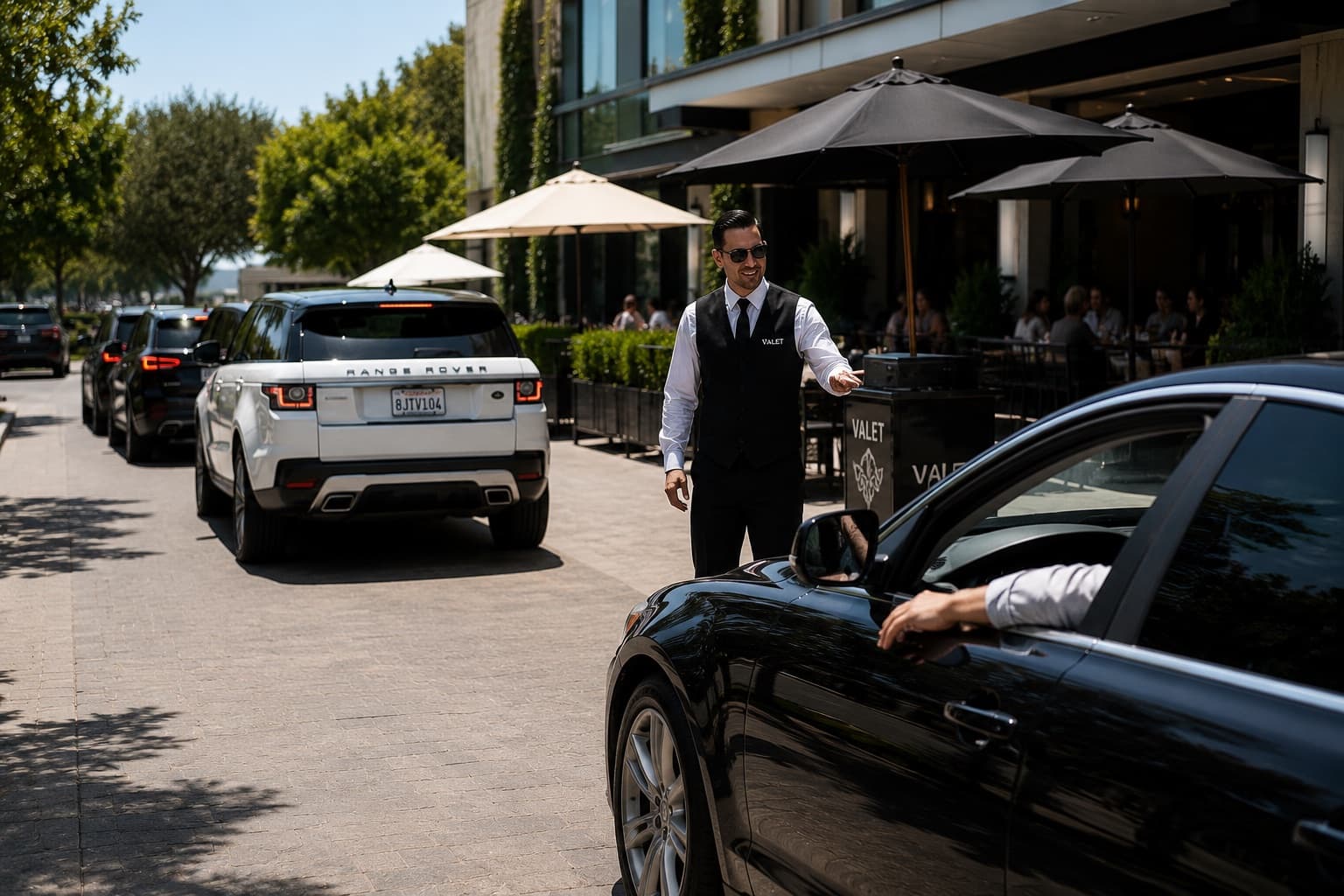 Professional valet parking service at a busy venue.