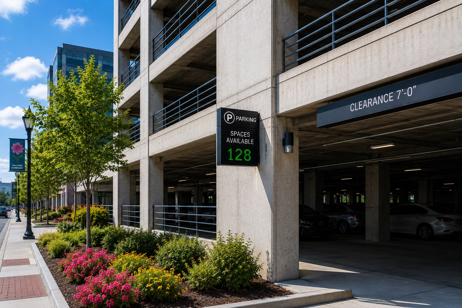 Concrete parking garage with a digital sign showing 128 parking spaces available and clearance 7 feet.